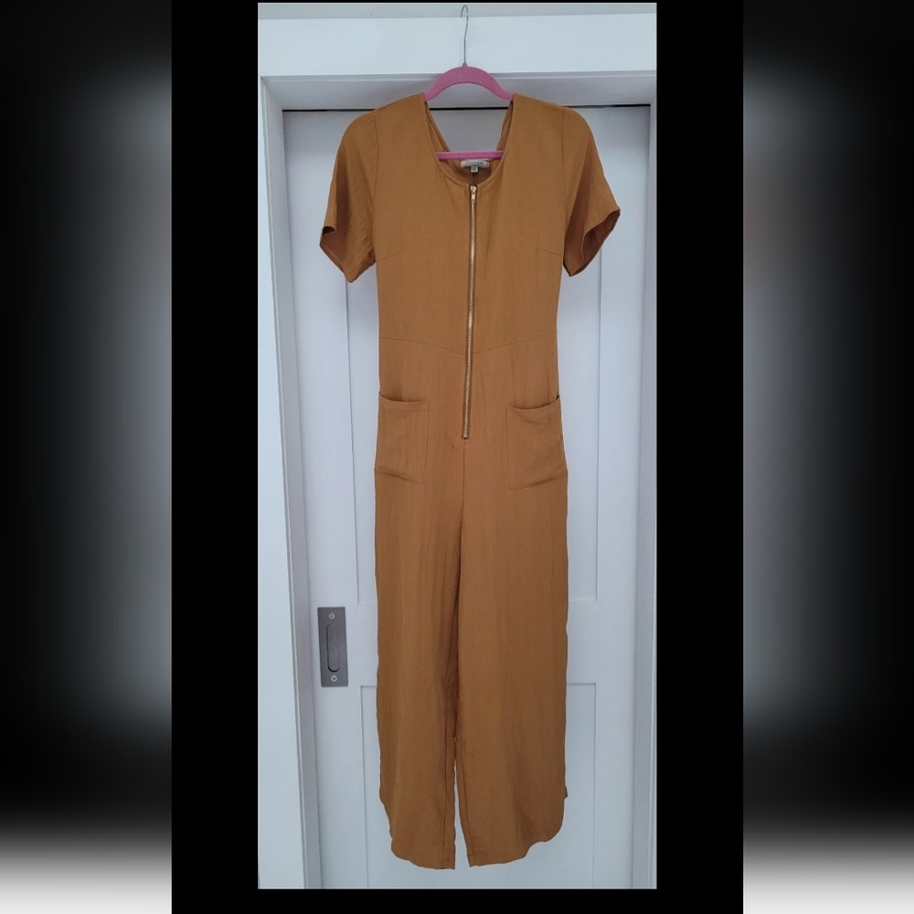 Rust brown linen zippered jumpsuit